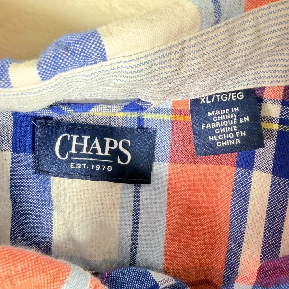CHAPS Button‎ Down Shirt Red Blue White Plaid Pocket Men's Size XL Timeless